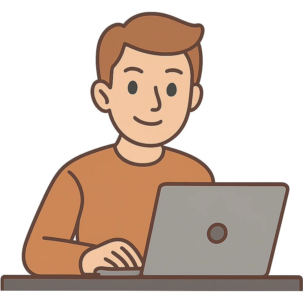 flat toon style man with light brown hair and green eyes sitting in front of a laptop emoji