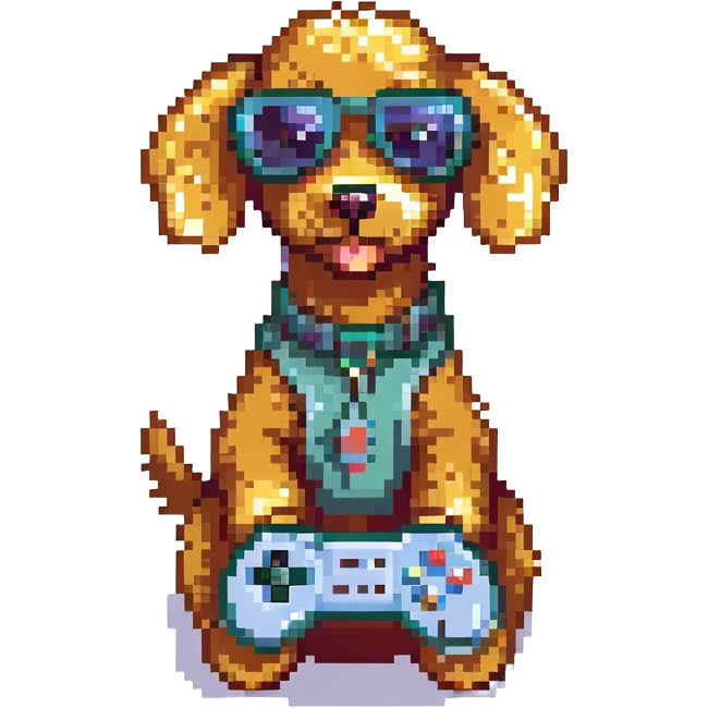 poodle dog with pixel sunglasses holding a joystick, retro gaming vibe emoji