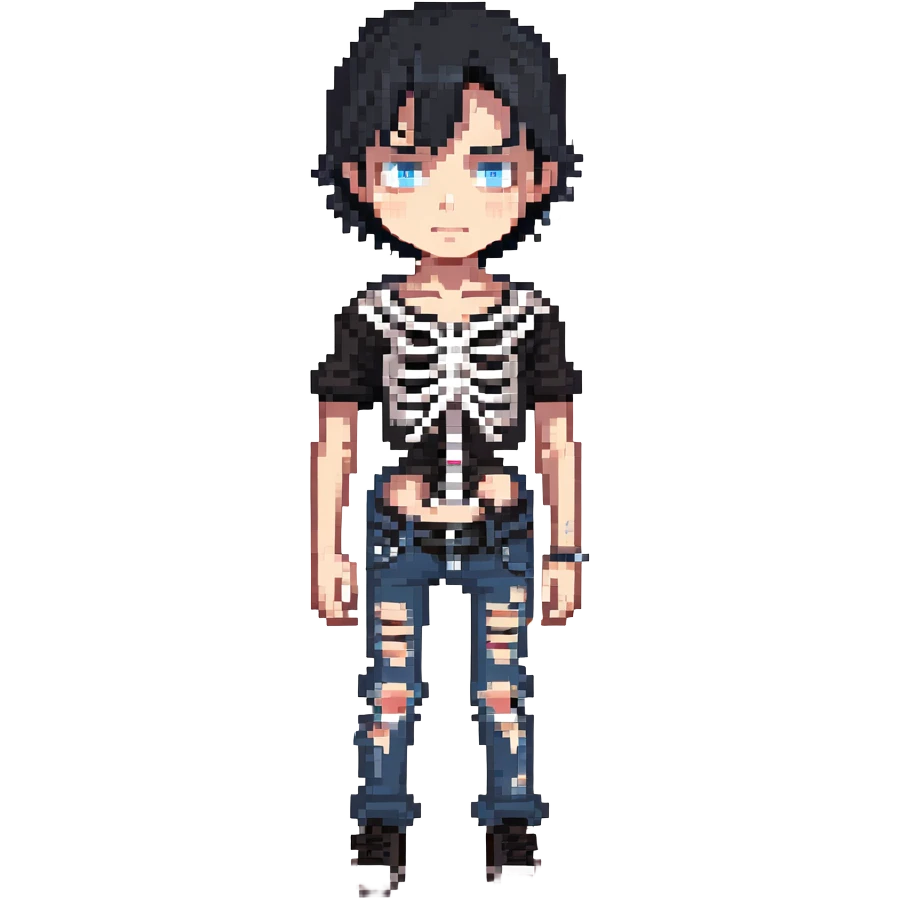 black-haired, blue-eyed boy wearing a black skeleton top and ripped black jeans emoji