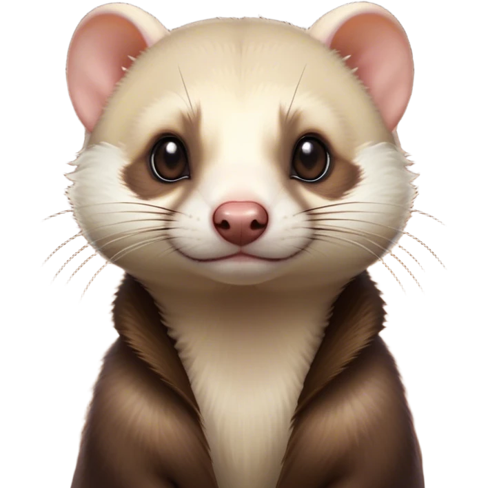 Cinematic Noble Ferret Portrait Emoji, Poised and dignified, with a sleek, elongated body and a distinct ferret head featuring a pointed snout, small, rounded ears, and intelligent, beady eyes, covered in soft, sleek fur with natural brown and cream hues, Simplified yet sharp and sophisticated features, highly detailed, glowing with a warm, natural glow, high shine, exuding an air of quiet confidence, focused and watchful, soft glowing outline, capturing the essence of a clever and majestic ferret that feels as though it could leap from the screen with effortless grace! emoji