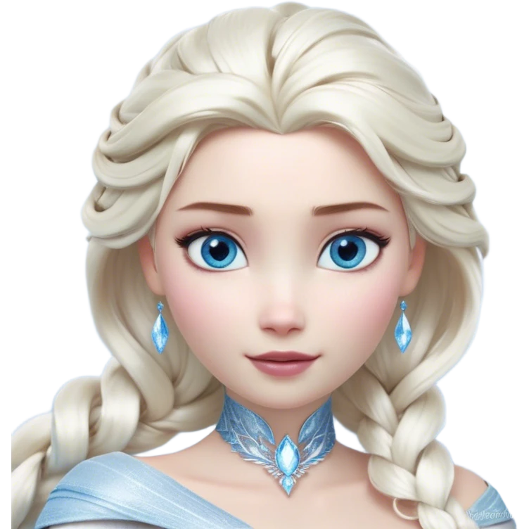 Cinematic Realistic Elsa Portrait, depicted with lifelike skin texture, soft natural lighting, and intricately detailed platinum blonde hair styled elegantly. Her striking, expressive blue eyes exude confidence and grace, complemented by a serene and regal expression. She is dressed in her signature icy attire, with shimmering fabric textures and delicate folds that catch the light beautifully. The portrait features a soft, enchanting glow with a cool, radiant finish, capturing the essence of timeless elegance in a realistic and painterly style, evoking a sense of depth and authenticity. emoji