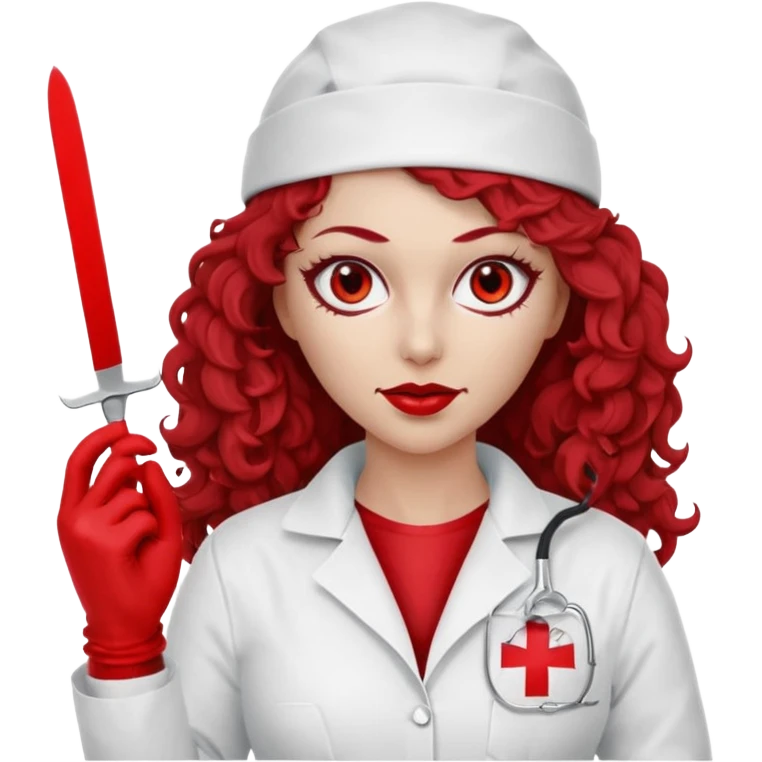Scary woman scalpel in hand, evil surgeon sexy surgeon clothes.  She has red eyes. Her  brown long curly hair. Wears sexy doctor outfit with red gloves. make her wear red ski mask  to hide. Wears white surgeon jcketneb emoji