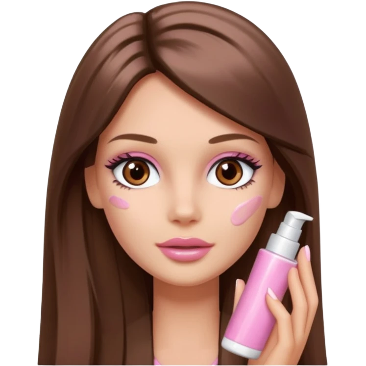 Barbie girl a brown long Straight hair and brown eyes is In pale pink smears by hand cosmetic cream on her face emoji
