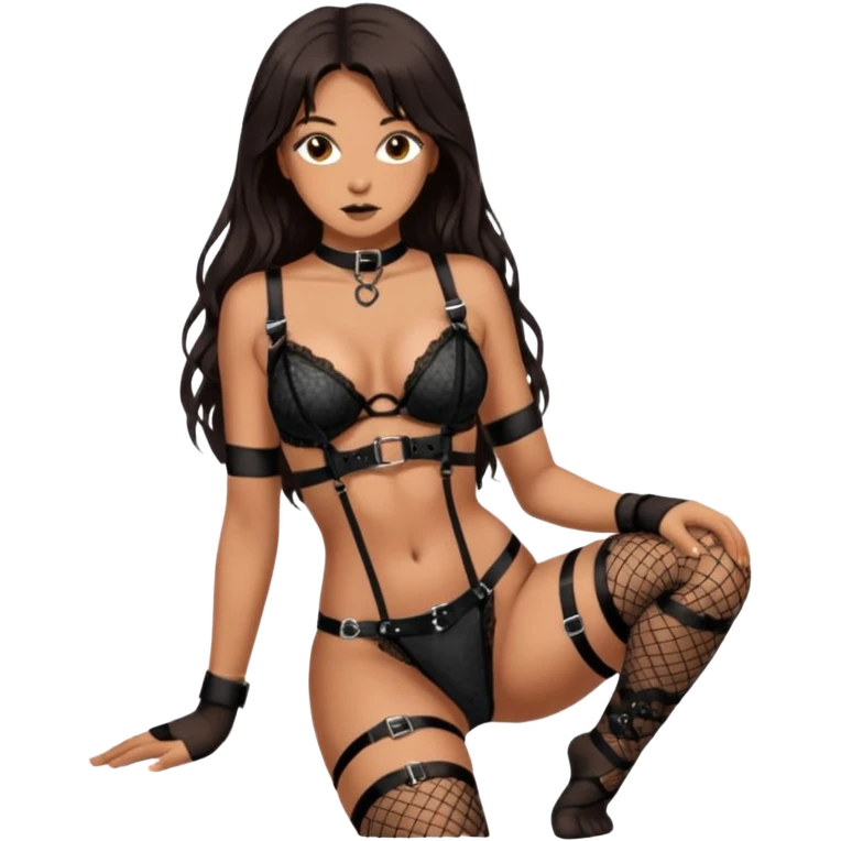 Tan skin with freckles, long dark hair, hazel eyes Dominatrix, wearing BDSM style harness lingerie and black fishnet stockings. Dominant pose.  emoji