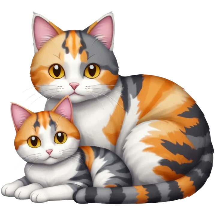 full body colourful light patched calico + white tabby cat cuddling a big dark grey and white tabby cat  emoji