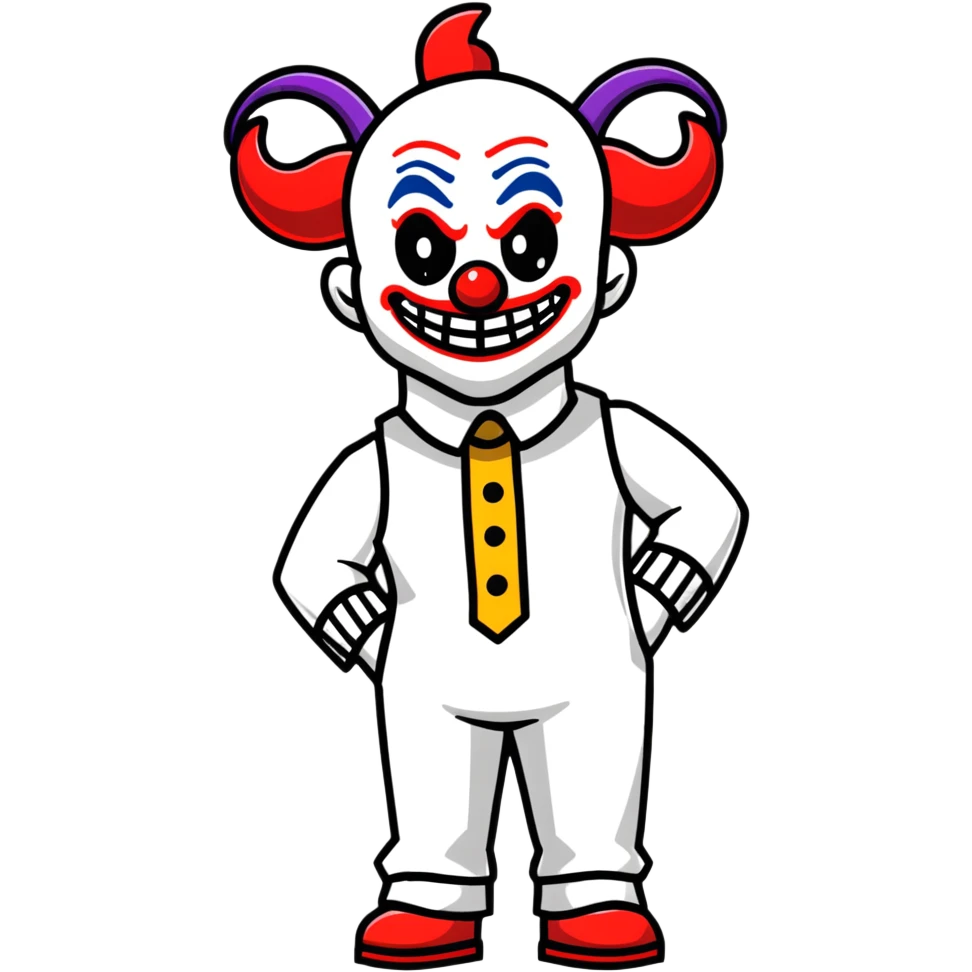 full-body demonic clown in a white leisure suit with bellbottom pants, bald, with black ram horns emoji