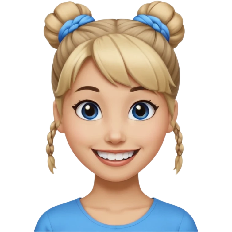 Now tied up her hair in a half-bun ,the on her head is black, while her bang is blue. Bigger eyes and brighter smile, show teeth while smiling emoji