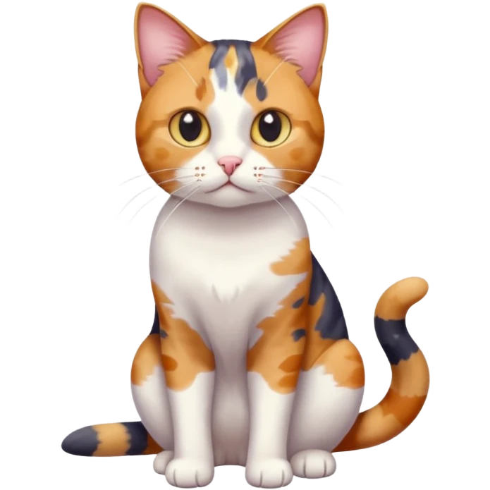 full body anxious looking colourful patchy calico tabby cat with tiny head to large body with fully white front legs emoji