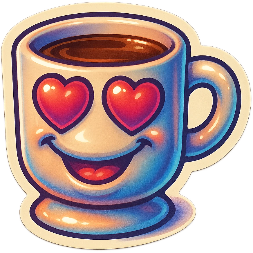 coffee cup creature, big heart eyes, dopey smile emoji