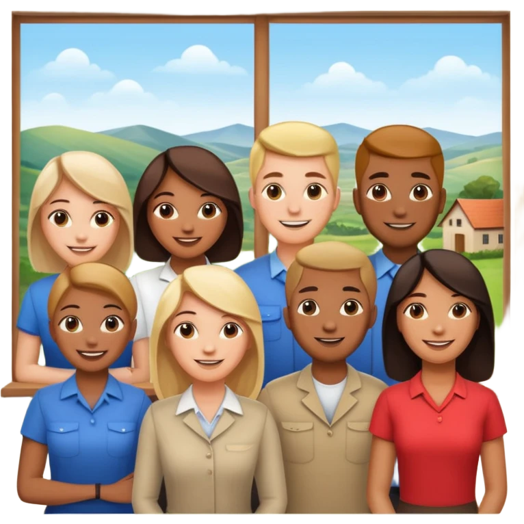 Employees of a startup company with a countryside view outside the window emoji