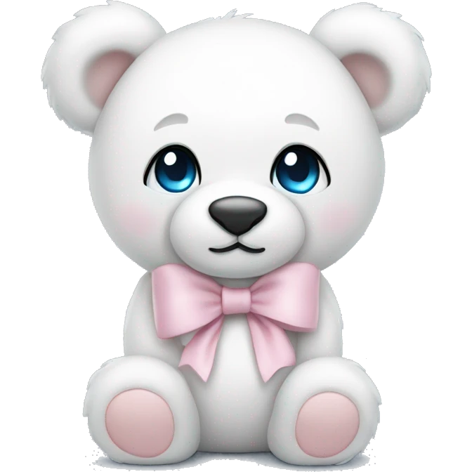 white teddy bear with light pink bow and blue eyes emoji