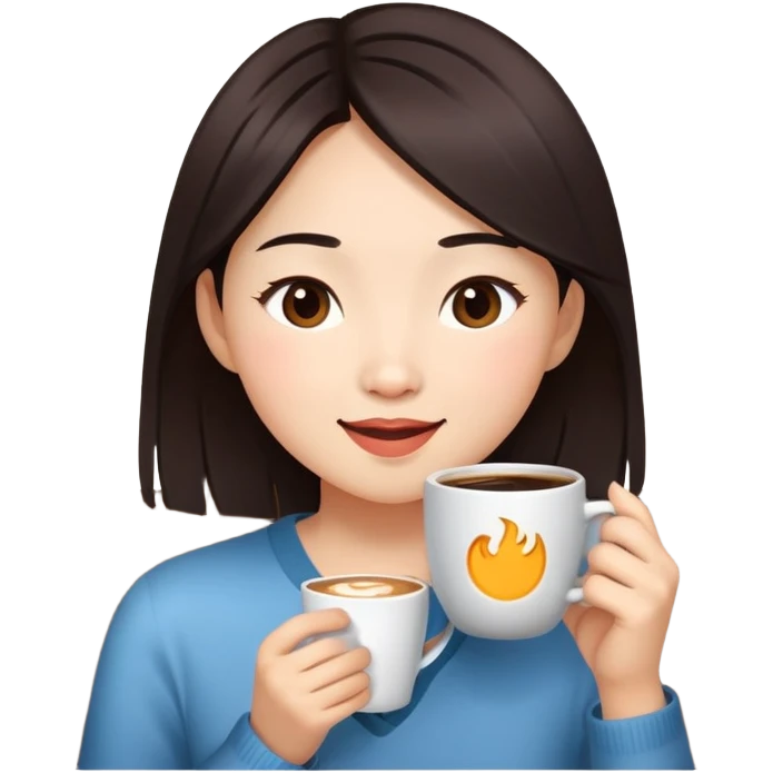 Asian girl inside blinking sipping coffee  emoji