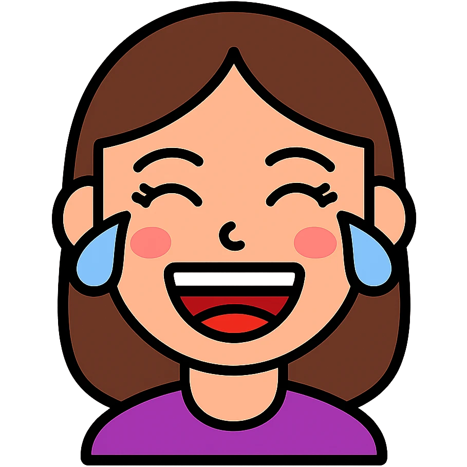 vibrant vector emoji of a female face laughing out loud, eyes tightly closed with joyful tears, wide open mouth showing teeth and tongue, flushed cheeks, expressive and lively, long eyelashes, subtle makeup details, bright colors, clean and smooth lines, playful and energetic style, clearly showing uncontrollable laughter emoji