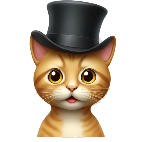 Cat with hat, looking smart and surprised, big eyes emoji