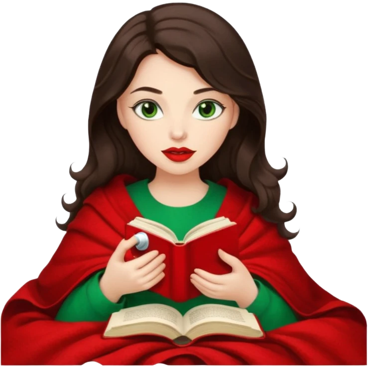 Long wavy dark brown haired, white skinned, dark big green eyed girl with red lipstick wrapped in a red blanket, sipping tea and reading a book emoji