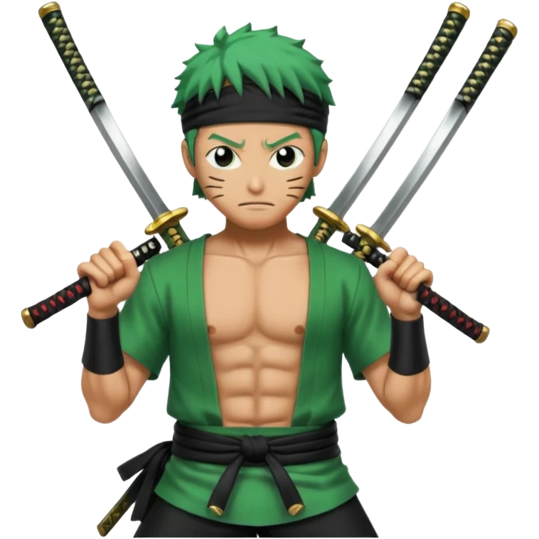 Has a zoro de one piece con sus tres katanas más epico en pocision de ataque y estilo anime  emoji