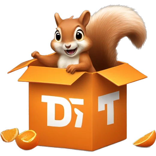 The squirrel is excited, tearing into a large orange box with items spilling out. emoji