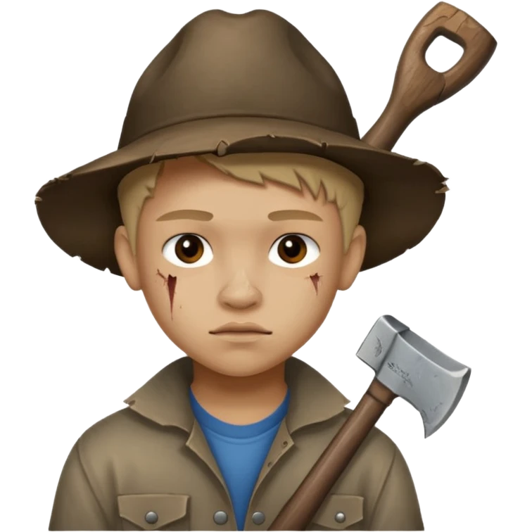 13 y/o Brian robeson at the beginning of Hatchet
distressed, has hatchet, small scratches on face, no blood on hatchet emoji