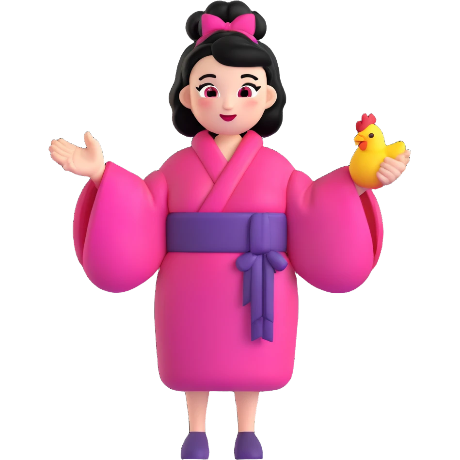 quirky emoji-style character, black hair styled in oversized space buns, bold pink-red-black kimono dress with big sleeves, colorful makeup, confident and playful face, making a chicken cluck hand gesture emoji