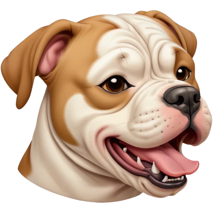 Cinematic Cute Yawning Solid Tan American Bulldog Portrait Emoji, Head tilted slightly with a dramatic, wide-open yawn, short tan fur with a velvety texture, floppy ears slightly drooping, round brown eyes barely open in drowsy contentment, Simplified yet irresistibly adorable features, highly detailed, glowing with a soft, cozy glow, high shine, relaxed yet expressive, stylized with a touch of whimsy, bright and endearing, soft glowing outline, capturing the essence of a sleepy yet affectionate pup, so drowsy it feels like it could stretch right out of the screen and curl up for a nap! emoji