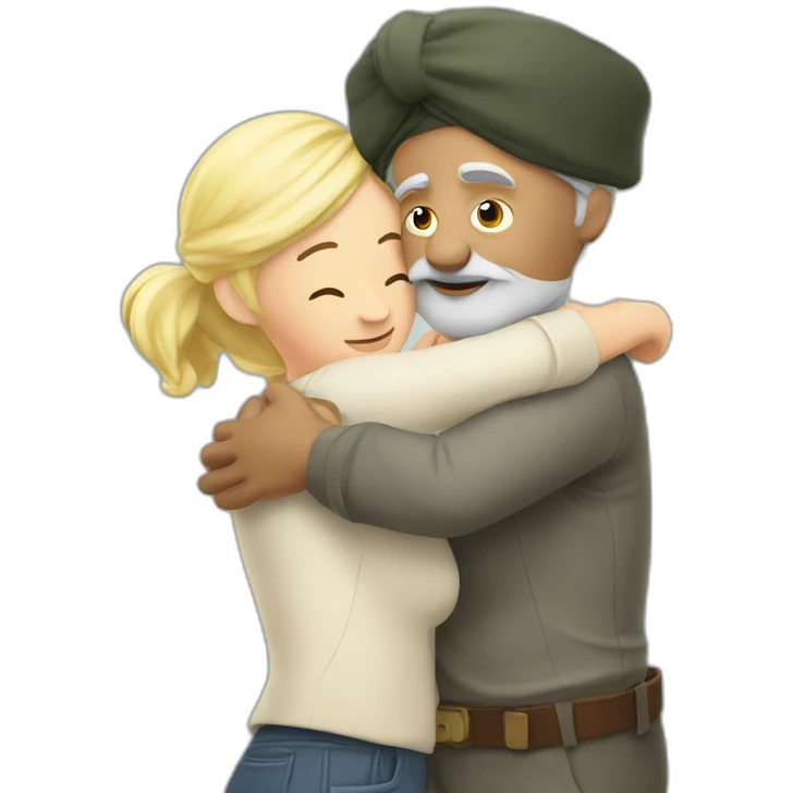 Turban older Man from africa hugs detective hat older blonde European  emoji