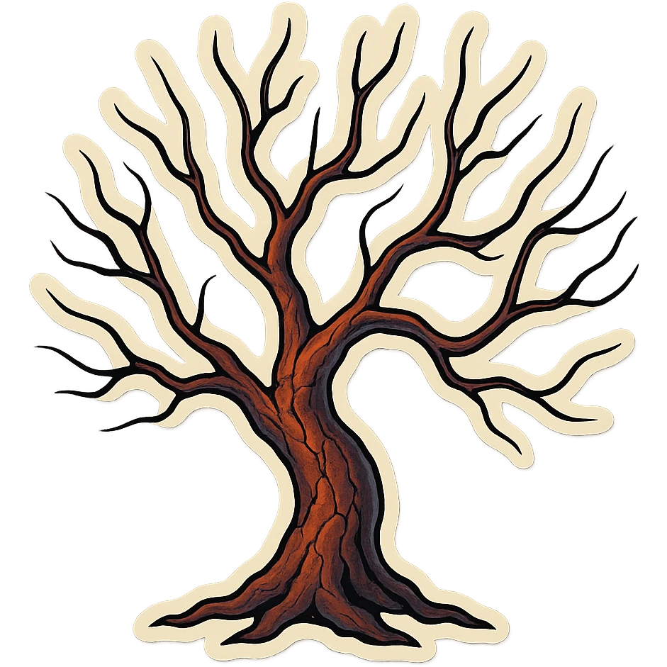 gloomy tree with thin curved branches, brown-red cracked bark, sharp black outlines, clear shadows and highlights, retro stickers style, no gradients emoji