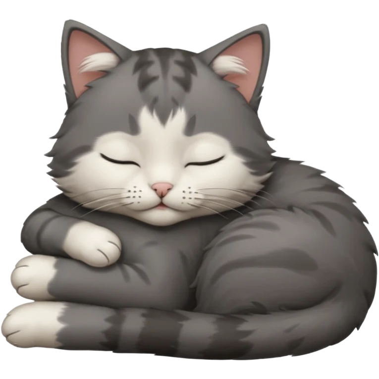 dark grey and white small cat with closed eyes, leaning his head on his paw while leaning on his elbow lying down emoji
