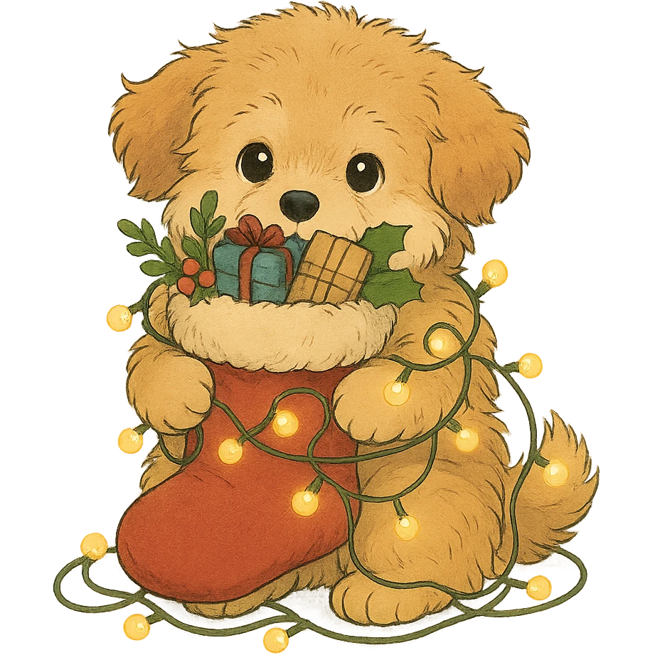 a fluffy puppy holding a Christmas stocking full of gifts and tangled in fairy lights, Ghibli style emoji