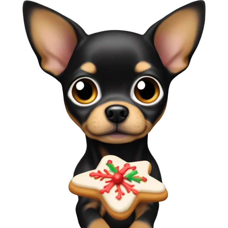 black & tan chihuahua puppy holding a christmas cookie emoji