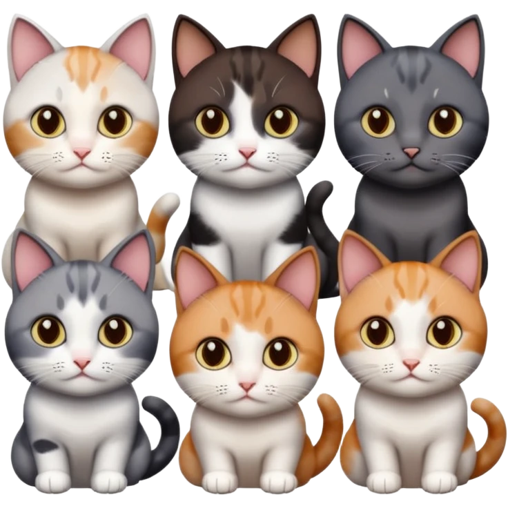 5 different coloured short haired cats including; a dark brown and white cat, and a dark grey and white, and a calico emoji