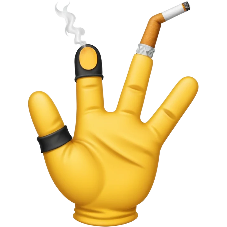 Apple emoji style cartoon white glove hand with three black lines on the back holding a cigarette emoji