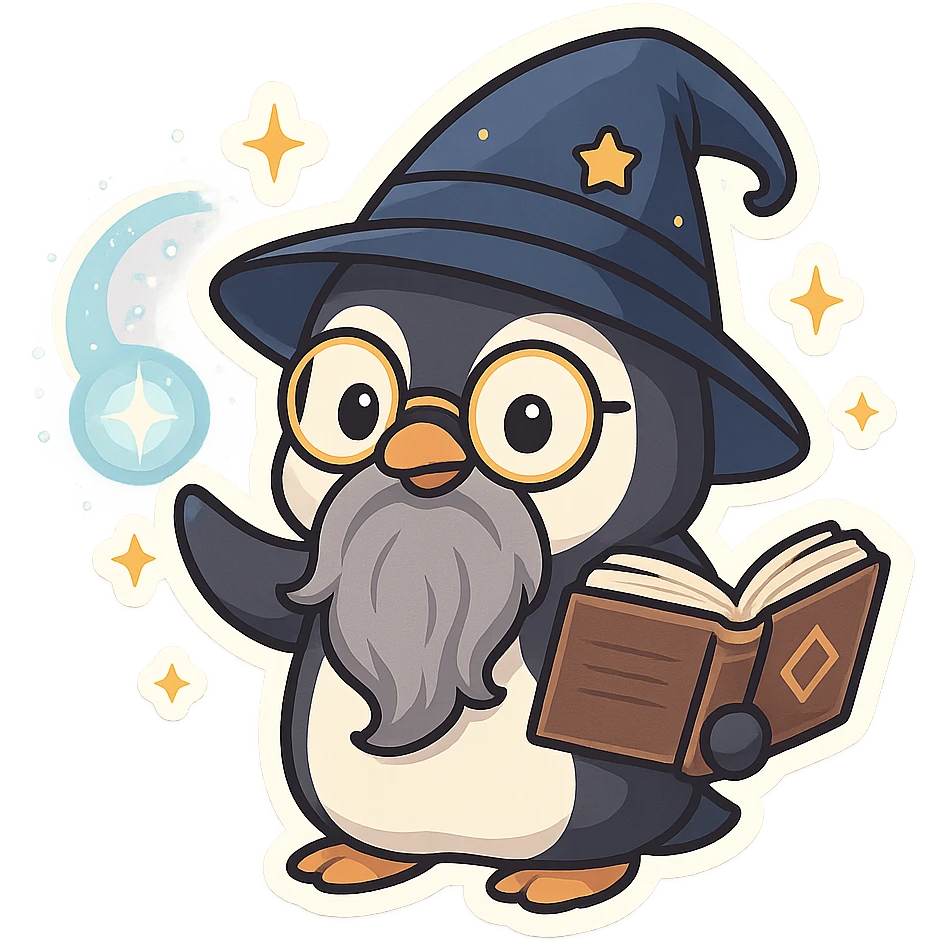 a cartoon penguin wizard with glasses, a long beard, and a spellbook, surrounded by magical effects emoji
