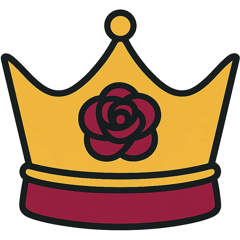 A queen level golden fantasy tiara-crown, golden and velvet crimson color shaded, with dark rose engraved in the ring of the crown, semi-realistic emoji