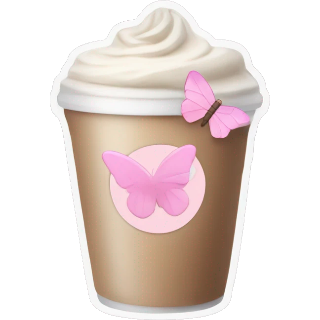 Latte coffee with the pastel pink glass and a pink butterfly sticker emoji