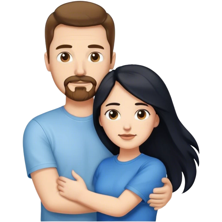 tall white man with brown hair goatee mustache wearing t-shirt and jeans hugging a shorter white woman with long black hair emoji