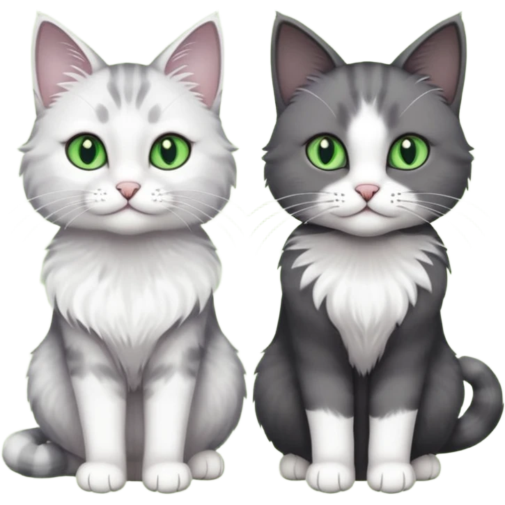 2 different coloured grey cats including one dark grey and white cat and one completely solid dark grey cat with green eyes and only white paws emoji