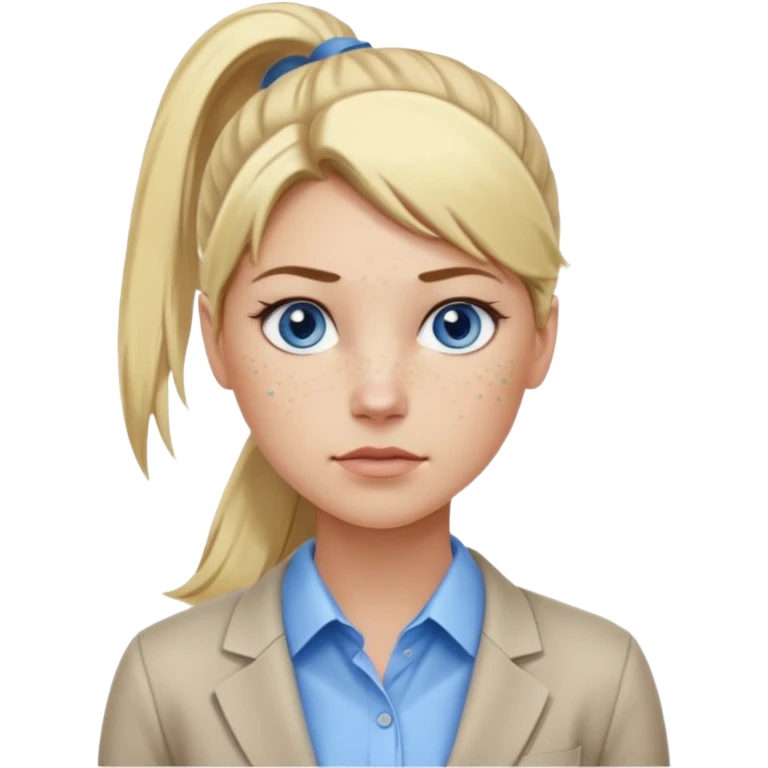 Just a head, blonde hair with lowlights in a ponytail, blue eyes, some freckles, a little older female ready to get some tasks done at work, no bod emoji