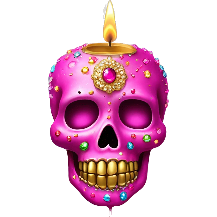 Realistic hot pink sugar skull decorated with colorful rhinestones with metallic gold candle on top of its head dripping meltdown metallic gold wax down skull emoji