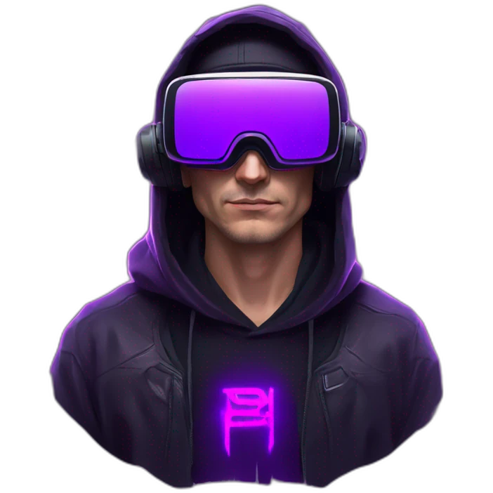 Russian man in the black hoody with violet logo on it wearing vr headset. Cyberpunk style. Violet neon. emoji