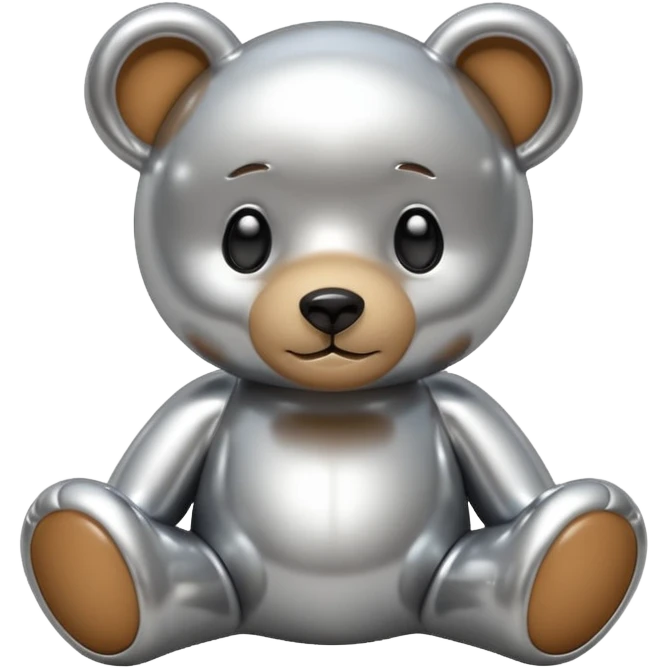 A cute teddy bear emoji made of liquid silver chrome, smooth rounded body, glossy metallic surface, soft reflections, friendly proportions, iOS emoji style, centered, clean white background emoji