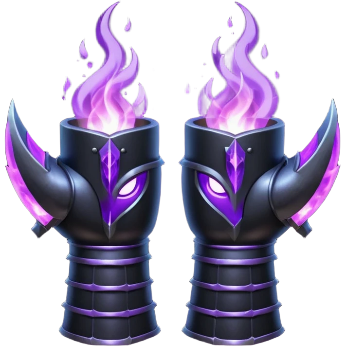 A Discord emoji of a pair of black armored gauntlets holding a flickering violet flame. The hands are positioned as if offering a gift. Dark gothic fantasy, glowing magical effects, high contrast, 2D vector style, white background. emoji