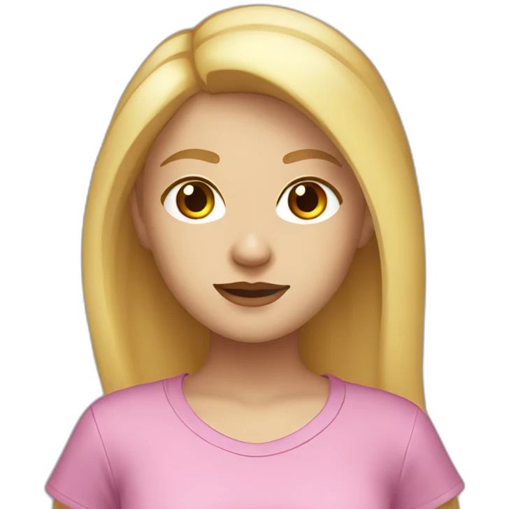 A blonde girl with smooth hair and a ray in the middle, she has light skin a few freckles, small breasts and a music t-shirt emoji