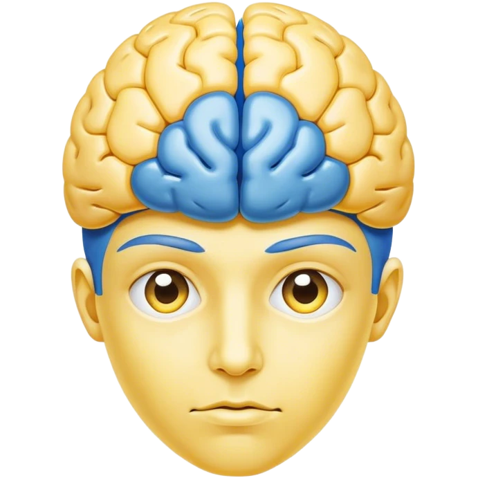 A real person face emoji, skin is emoji yellow, and hair is replaced by a blue brain emoji