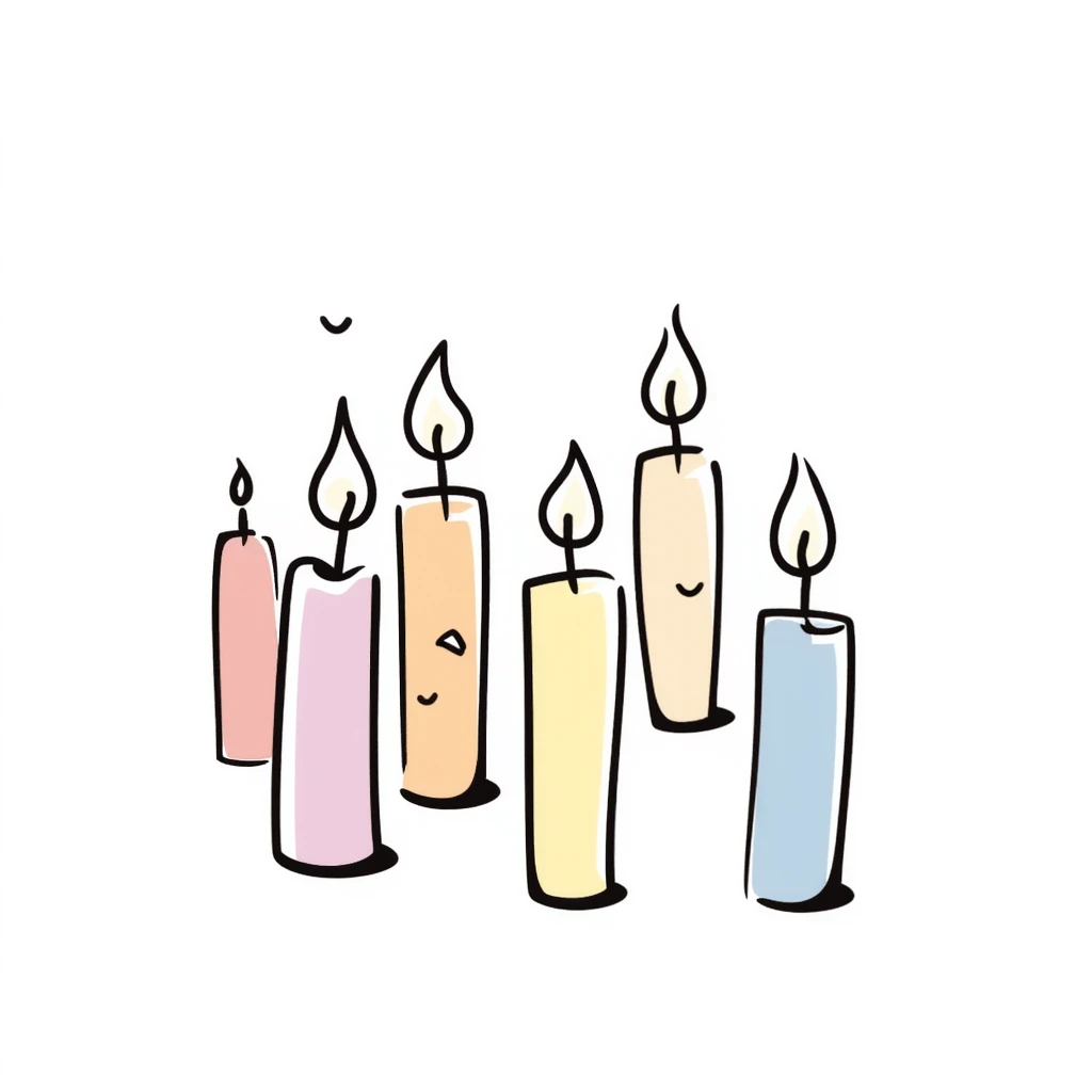 a group of candles of different heights, some lit with gentle flames, in pastel colors dd9fb0 ffc6d3 a3bfc9 c4bee2 f1b091, detailed hand-drawn doodle style emoji