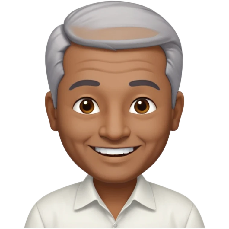 50 yr old indian man, dark skin, grey hair, big smile, white teeth, chubby, no moustache, clean shaven, young style hair, hair brushed back, 5 oclock shadow, bindy, dress shirt, forehead dot emoji