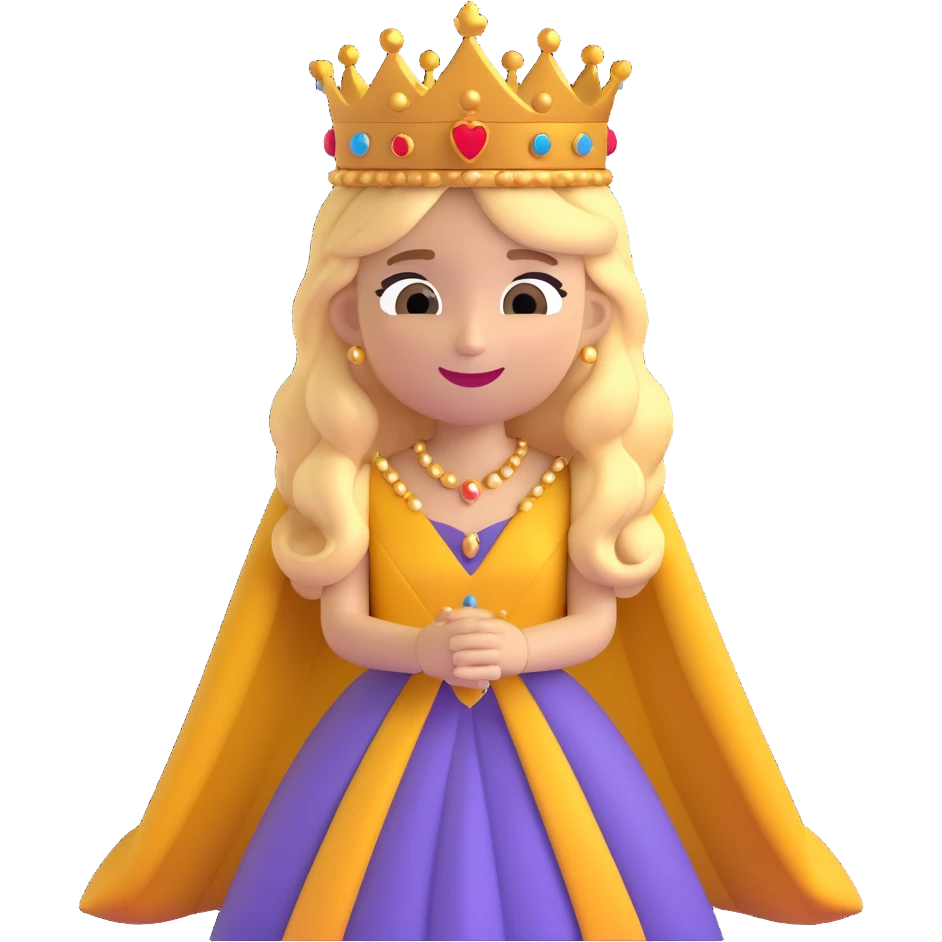 A cartoon-style princess emoji with long hair, wearing a golden crown, smiling softly, and dressed in a royal gown emoji