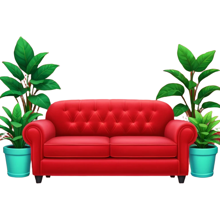 red velvet couch, mic in front, houseplants in back, and a neon sign saying "karaoke", and NO PEOPLE IN IT emoji