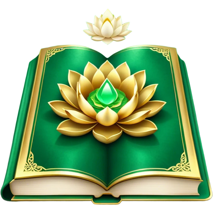 A soft emerald green magic book front cover en terciopelo, with golden details, a ray of light, or a lotus on the cover, radiating presence, tranquility, and spiritual awakening emoji