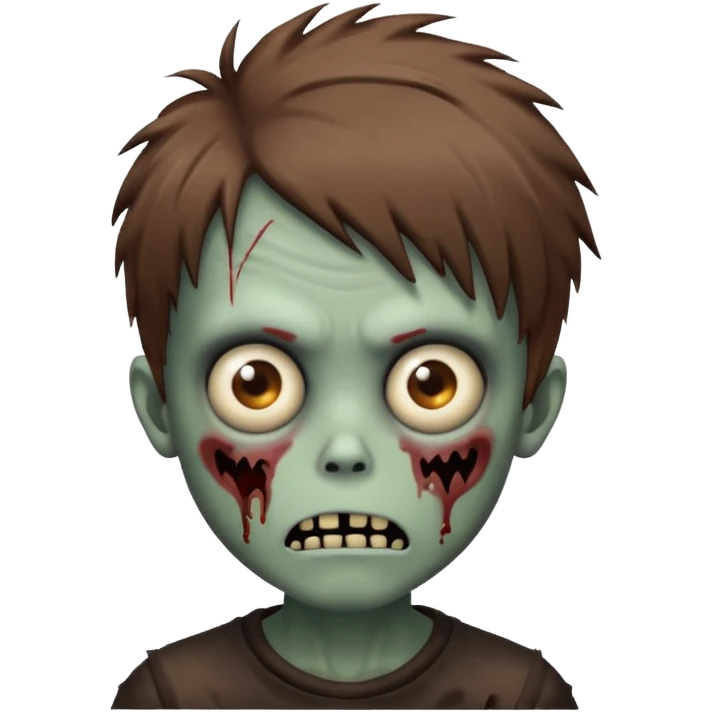 spooky zombie boy emoji with brown shaggy emo hair, scary expression emoji