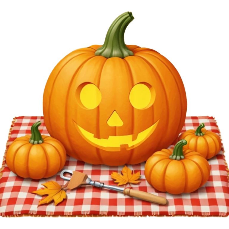 Pumpkin carving on a red gingham blanket  emoji